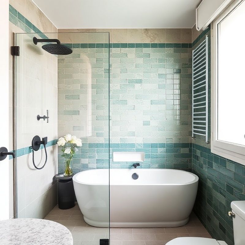 Salle de bain marseillaise rénovée avec douche à l'italienne carrelage vert émeraude et pierre calcaire