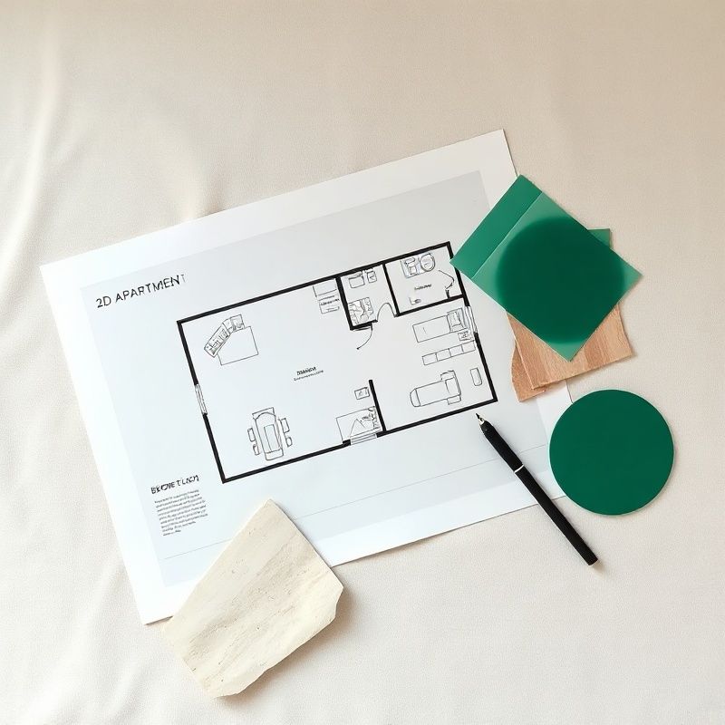 Plans, échantillons de carrelage pierre et nuancier vert émeraude sur une table de travail Everopen
