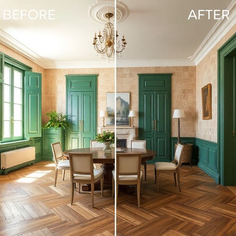 Salon marseillais avec boiseries vert émeraude et parquet chêne