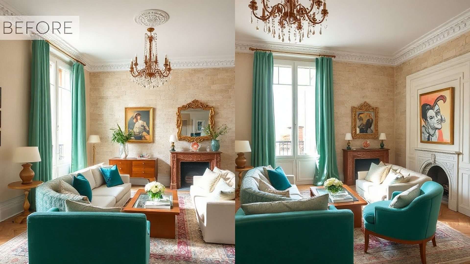 Salon d'appartement marseillais rénové aux tons vert émeraude et pierre claire