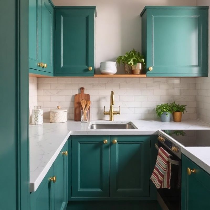 Cuisine compacte marseillaise avec façades vert émeraude et plan quartz